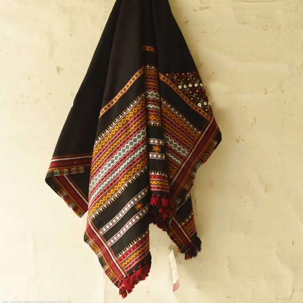 Kutchi Embroidered Mirror Work & Bhujodi Woven Woolen Black Shawl