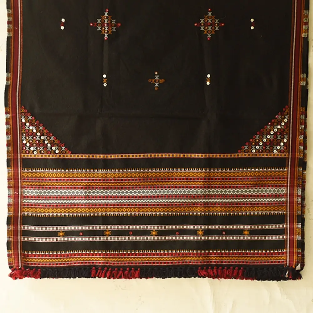 Kutchi Embroidered Mirror Work & Bhujodi Woven Woolen Black Shawl