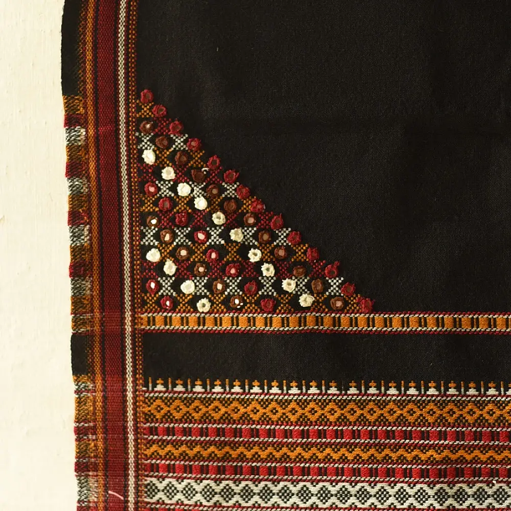 Kutchi Embroidered Mirror Work & Bhujodi Woven Woolen Black Shawl