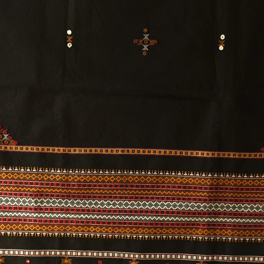Kutchi Embroidered Mirror Work & Bhujodi Woven Woolen Black Shawl