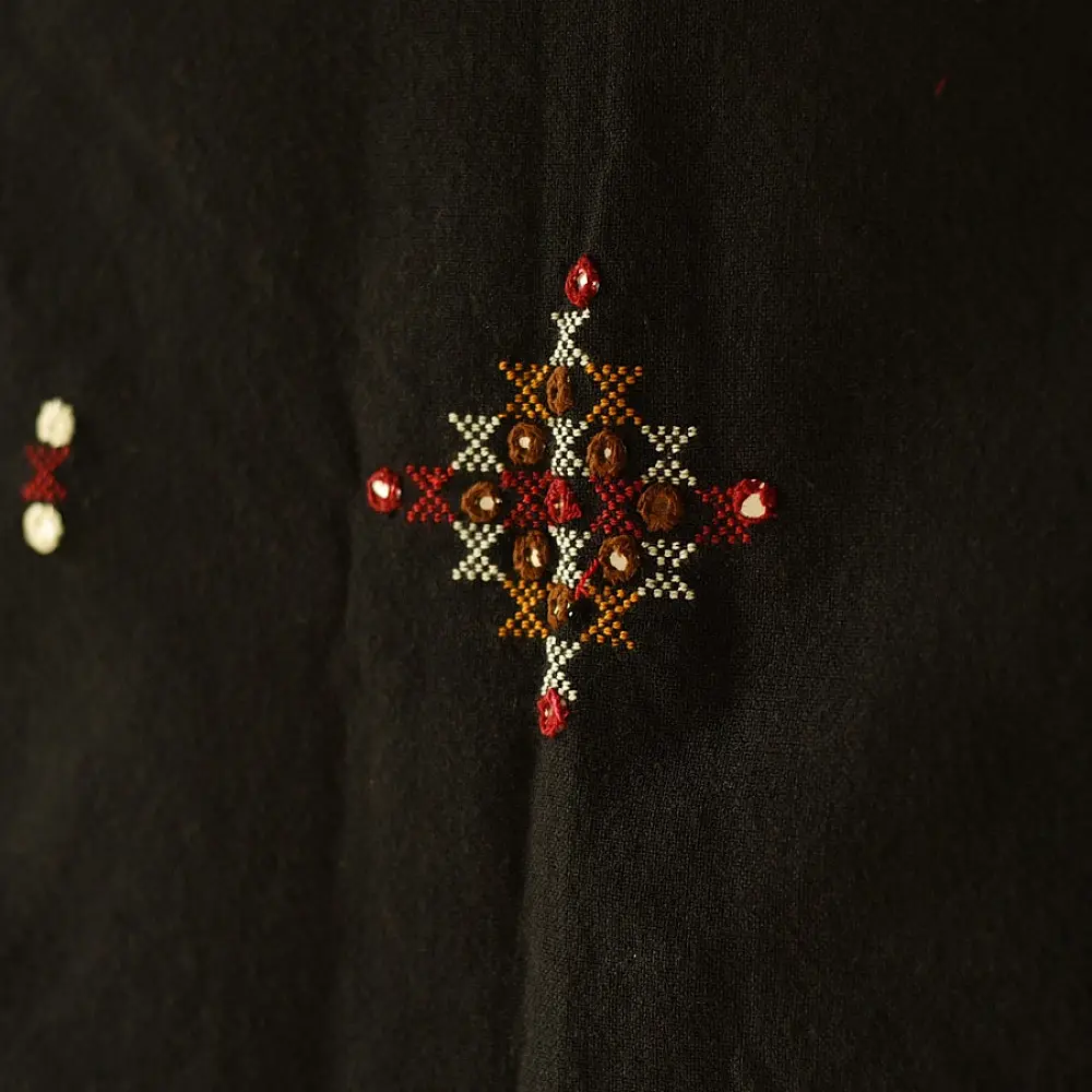 Kutchi Embroidered Mirror Work & Bhujodi Woven Woolen Black Shawl