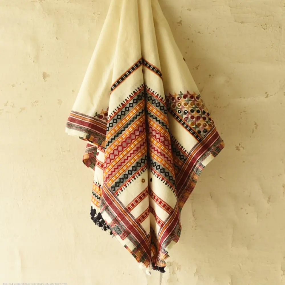 Kutchi Embroidered Mirror Work & Bhujodi Woven Woolen Shawl - Off White