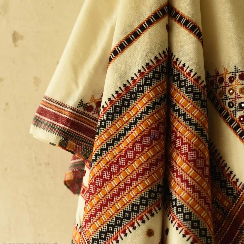 Kutchi Embroidered Mirror Work & Bhujodi Woven Woolen Shawl - Off White