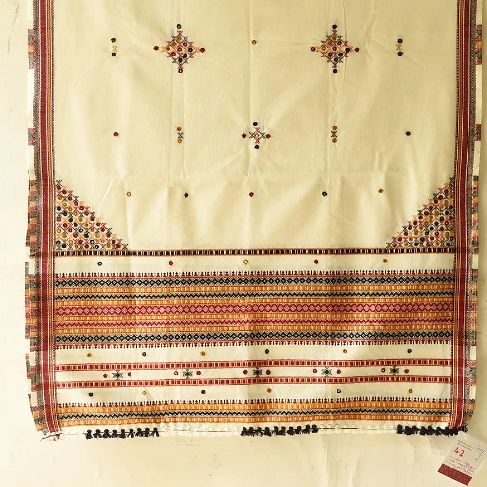 Kutchi Embroidered Mirror Work & Bhujodi Woven Woolen Shawl - Off White