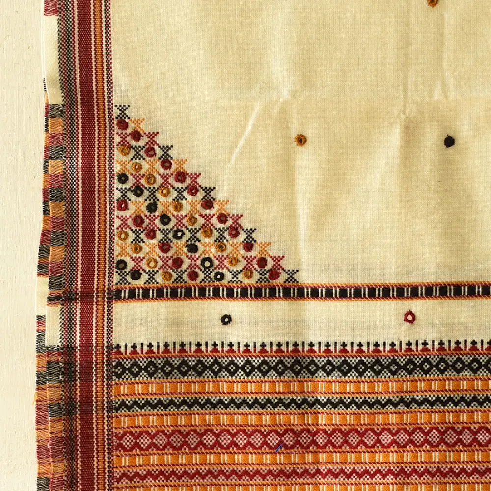 Kutchi Embroidered Mirror Work & Bhujodi Woven Woolen Shawl - Off White