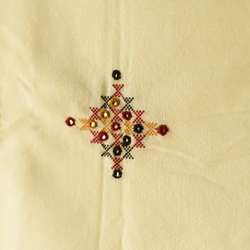 Kutchi Embroidered Mirror Work & Bhujodi Woven Woolen Shawl - Off White