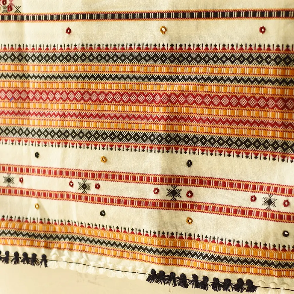 Kutchi Embroidered Mirror Work & Bhujodi Woven Woolen Shawl - Off White