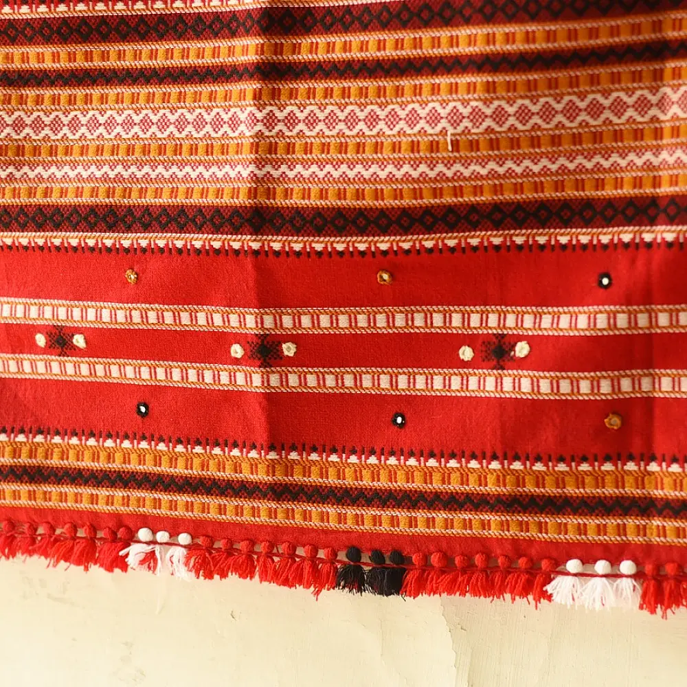Kutchi Embroidered Mirror Work & Bhujodi Woven Woolen Shawl - Red