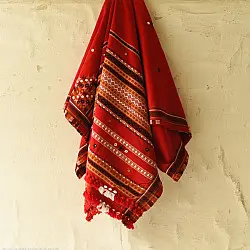 Winter's Call ❁ Kutchi Embroidered Mirror Work & Bhujodi Woven Woolen Shawl - Red