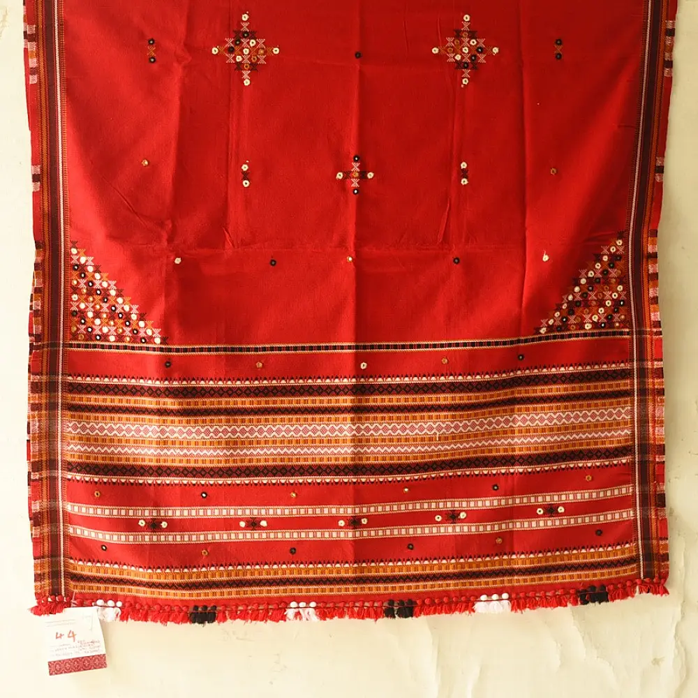 Kutchi Embroidered Mirror Work & Bhujodi Woven Woolen Shawl - Red