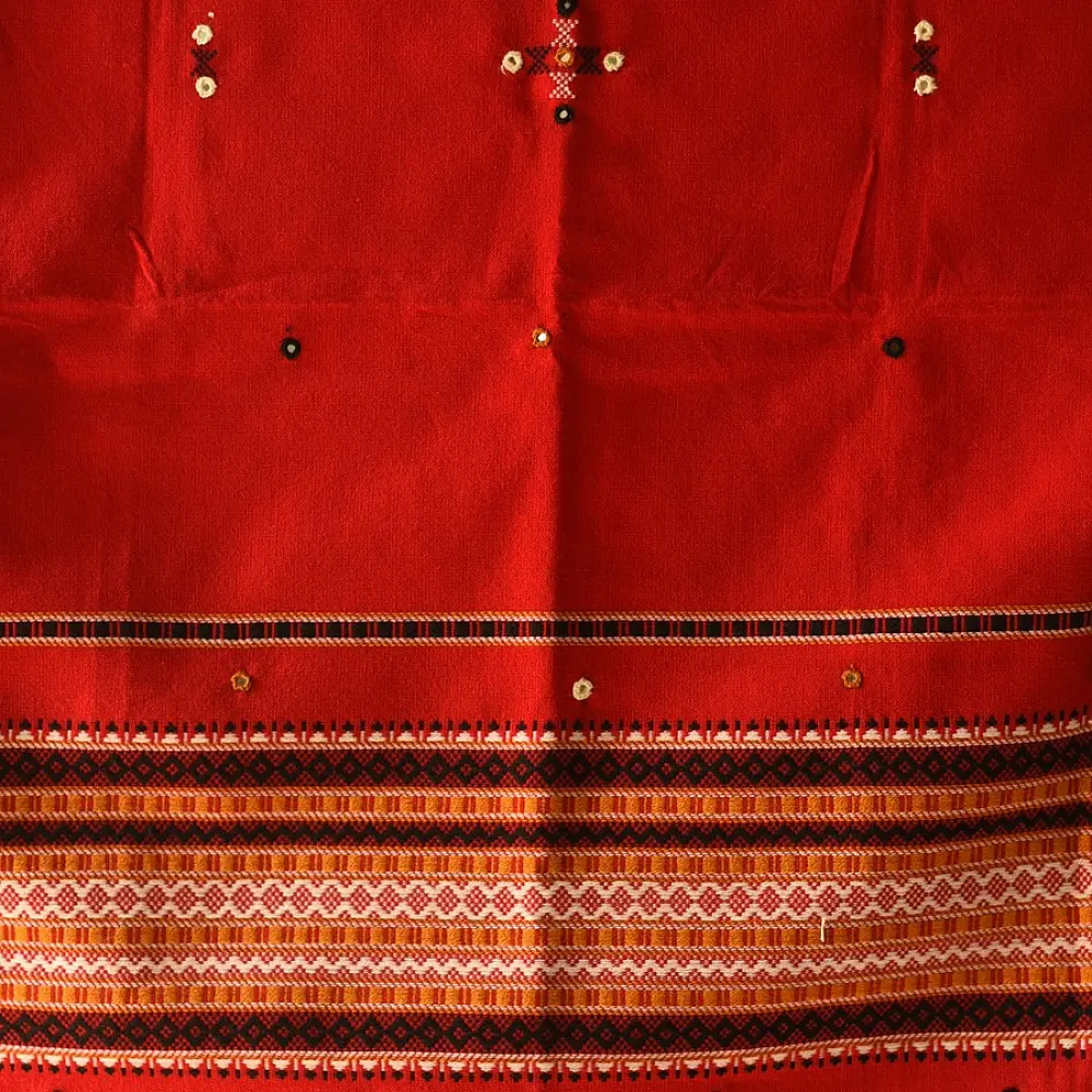 Kutchi Embroidered Mirror Work & Bhujodi Woven Woolen Shawl - Red
