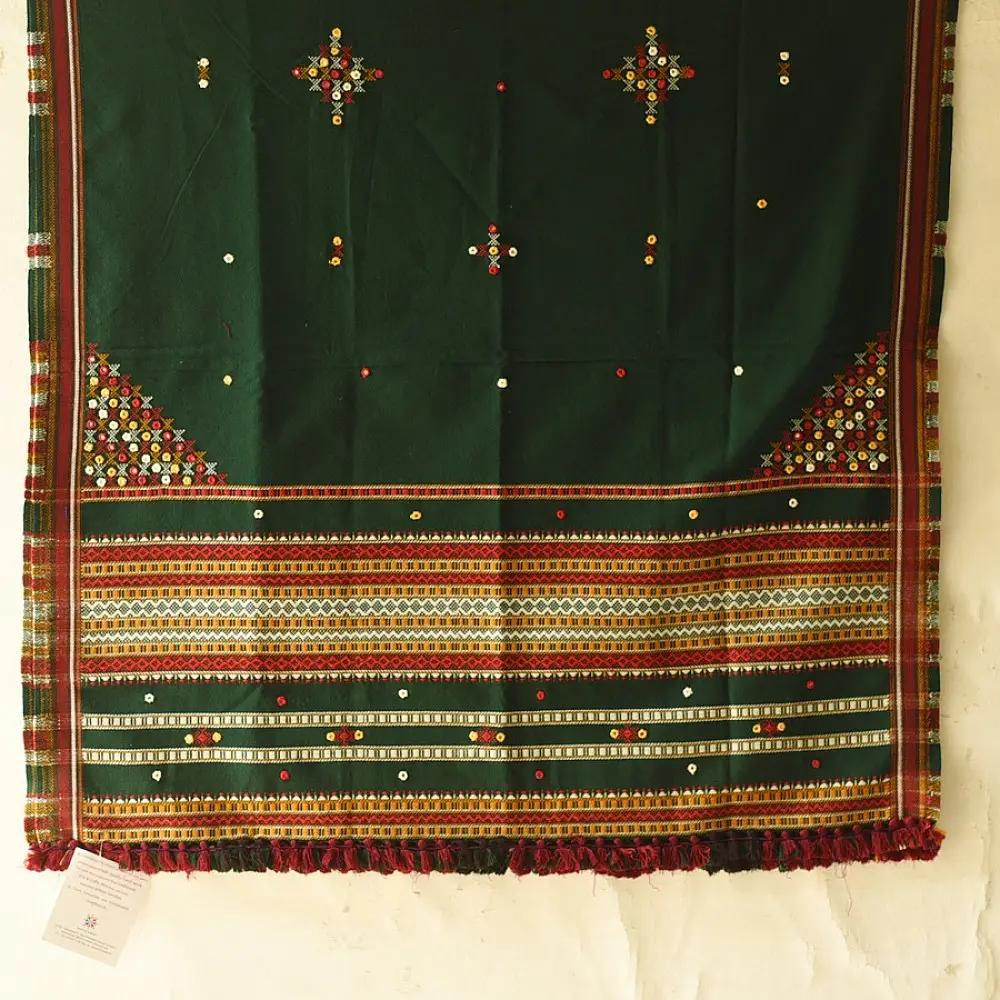Kutchi Embroidered Mirror Work & Bhujodi Woven Woolen Green Shawl