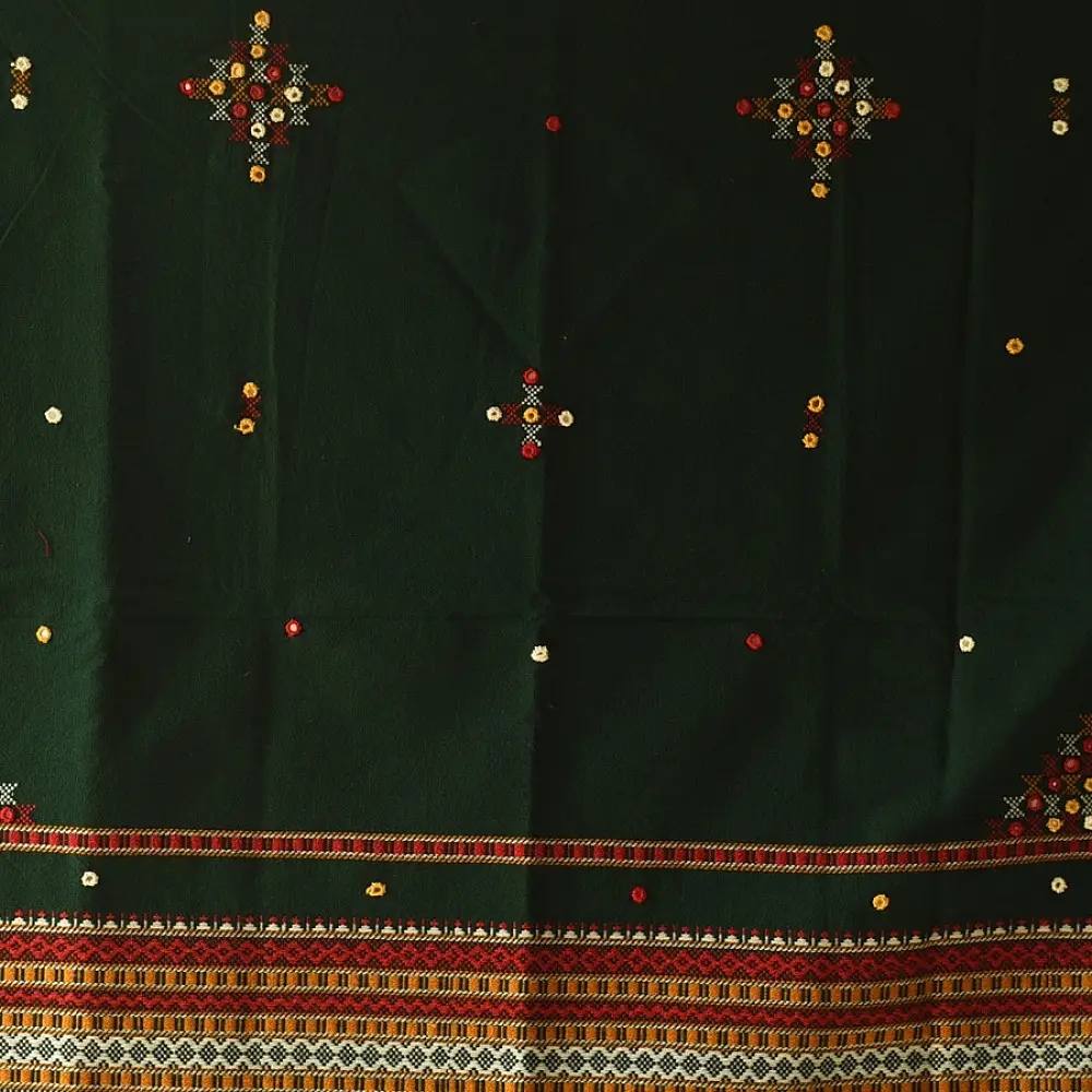 Kutchi Embroidered Mirror Work & Bhujodi Woven Woolen Green Shawl