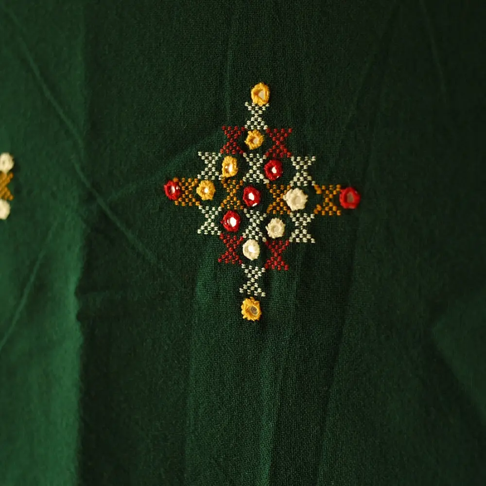 Kutchi Embroidered Mirror Work & Bhujodi Woven Woolen Green Shawl
