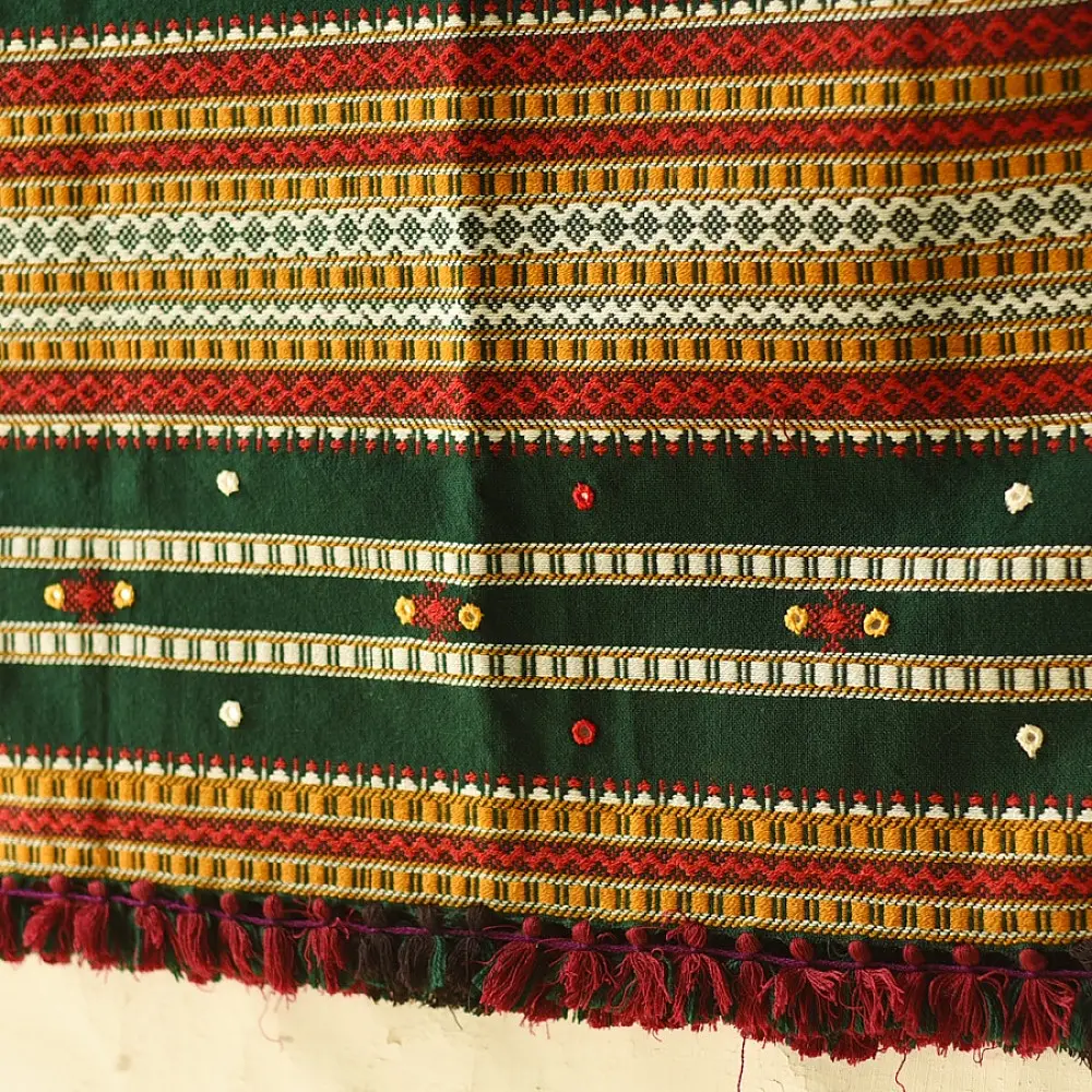 Kutchi Embroidered Mirror Work & Bhujodi Woven Woolen Green Shawl