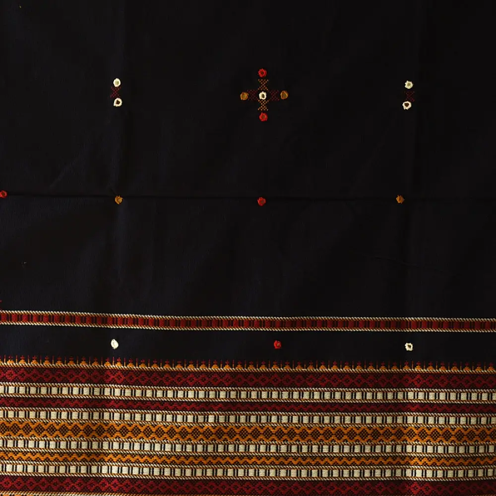 Kutchi Embroidered Mirror Work & Bhujodi Woven Woolen Navy Blue Shawl