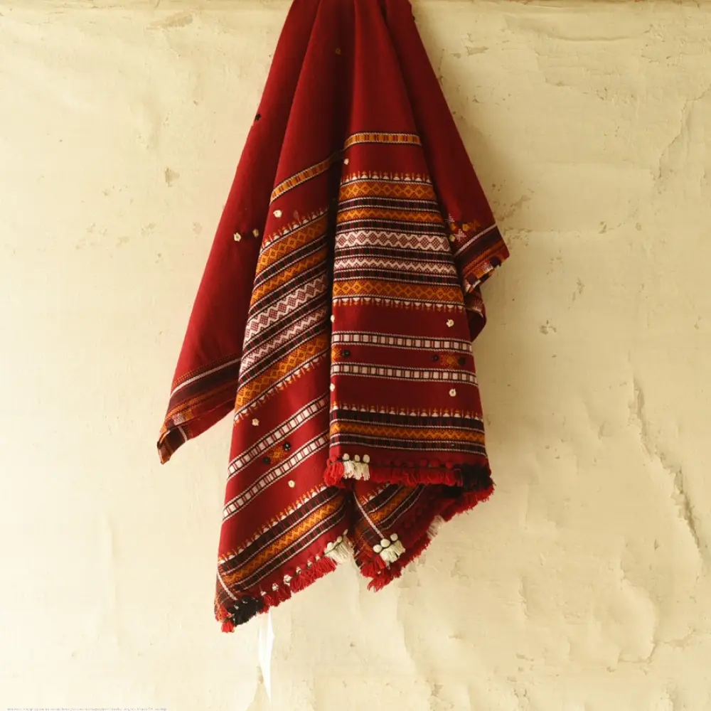 Kutchi Embroidered Mirror Work & Bhujodi Woven Woolen Shawl - Maroon
