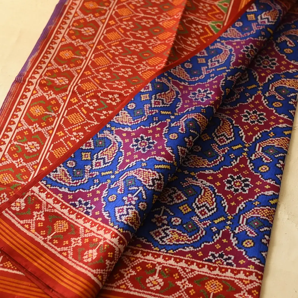 shop Handwoven Patola Silk Blue Saree - Double Ikat Patola