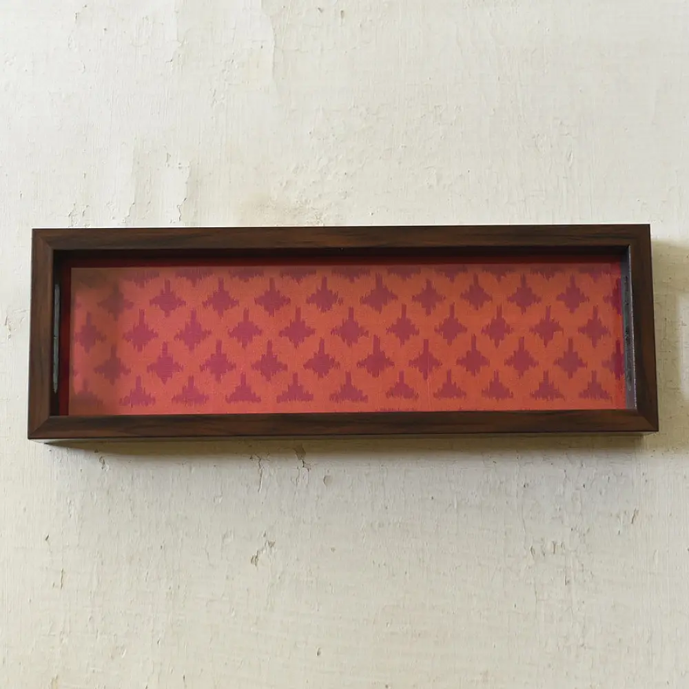 handmade wooden tray with pink patola silk print and cutout handle