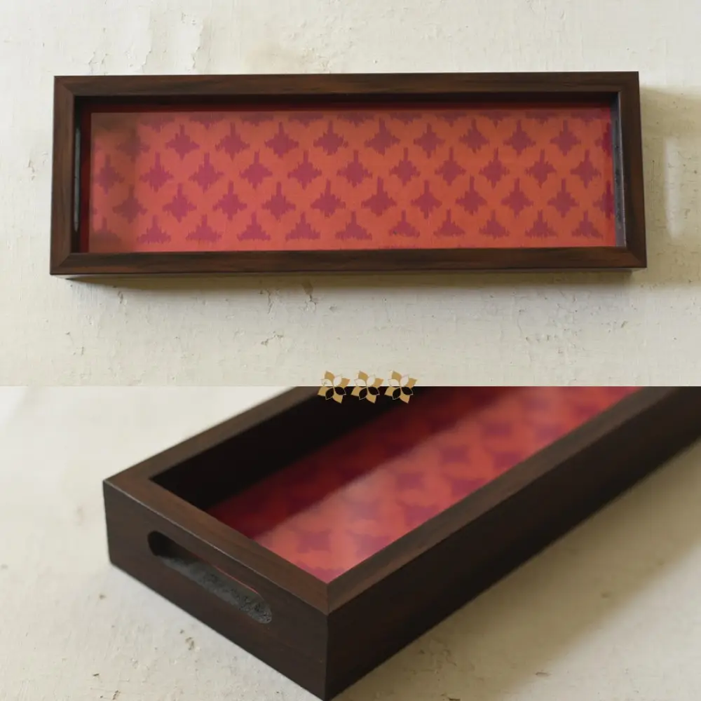 handmade wooden tray with pink patola silk print and cutout handle