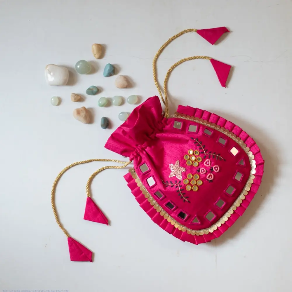 shop Embroidered Potli Purse With Detachable Belt  - Rani Pink