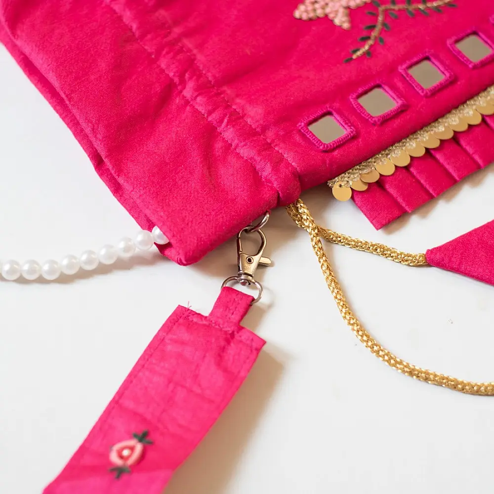 shop Embroidered Potli Purse With Detachable Belt  - Rani Pink