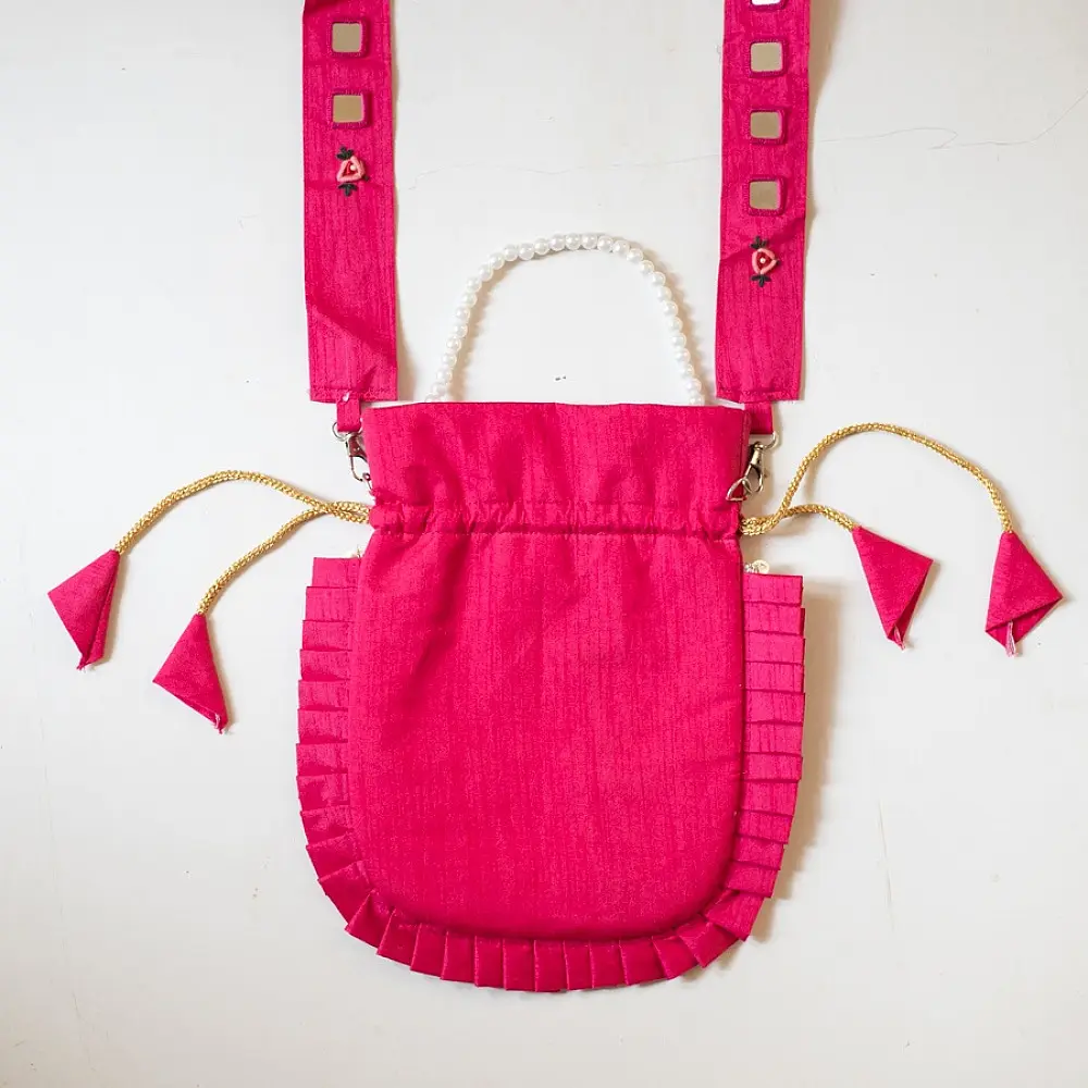 shop Embroidered Potli Purse With Detachable Belt  - Rani Pink