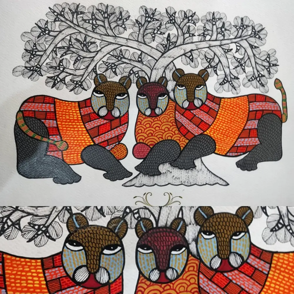 Hand Painted Gond Painting - Wild Cats