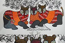 Nandan . नंदन ✦ Handcrafted ~ Gond Painting ( 12" x 16" ) - Wild Cats