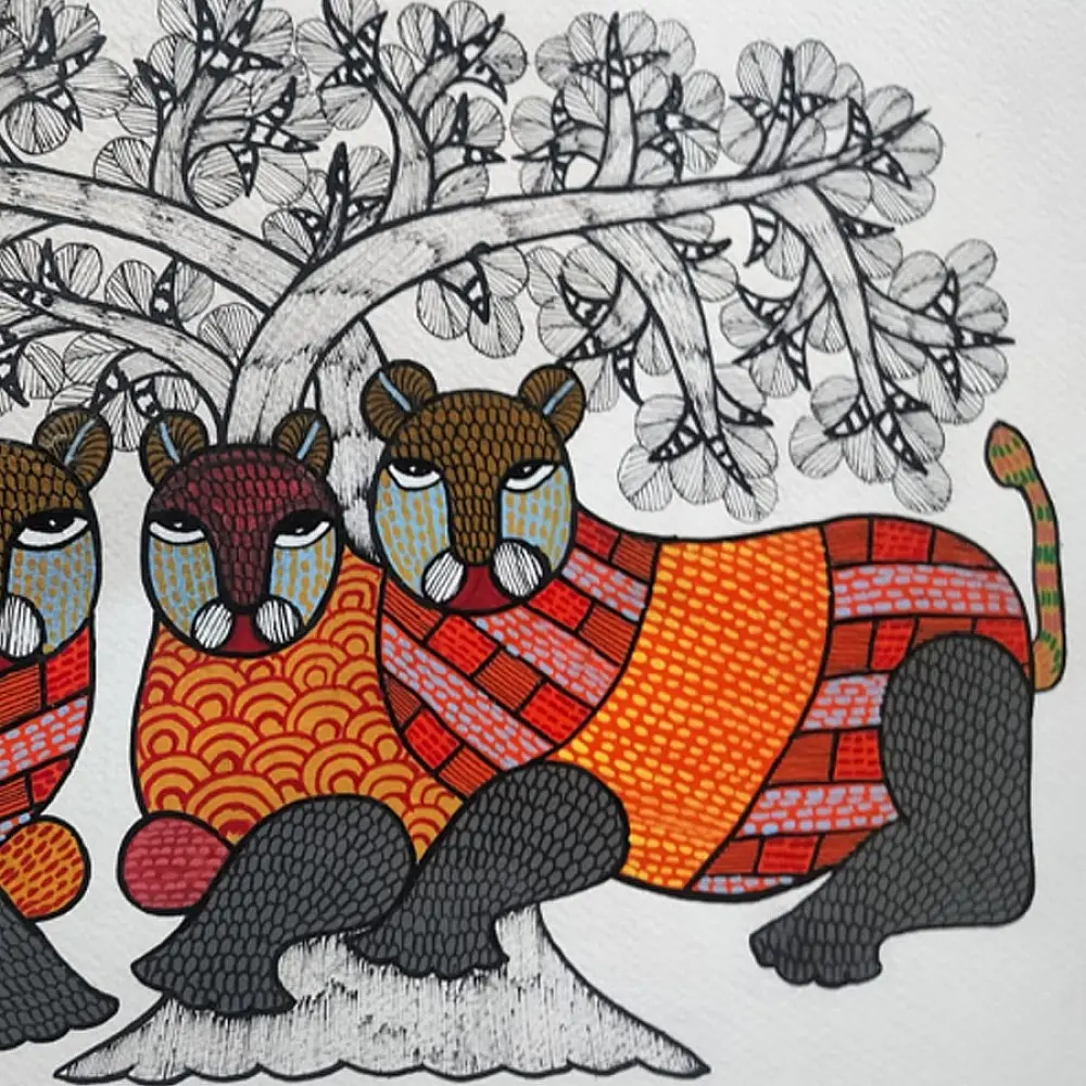 Hand Painted Gond Painting - Wild Cats