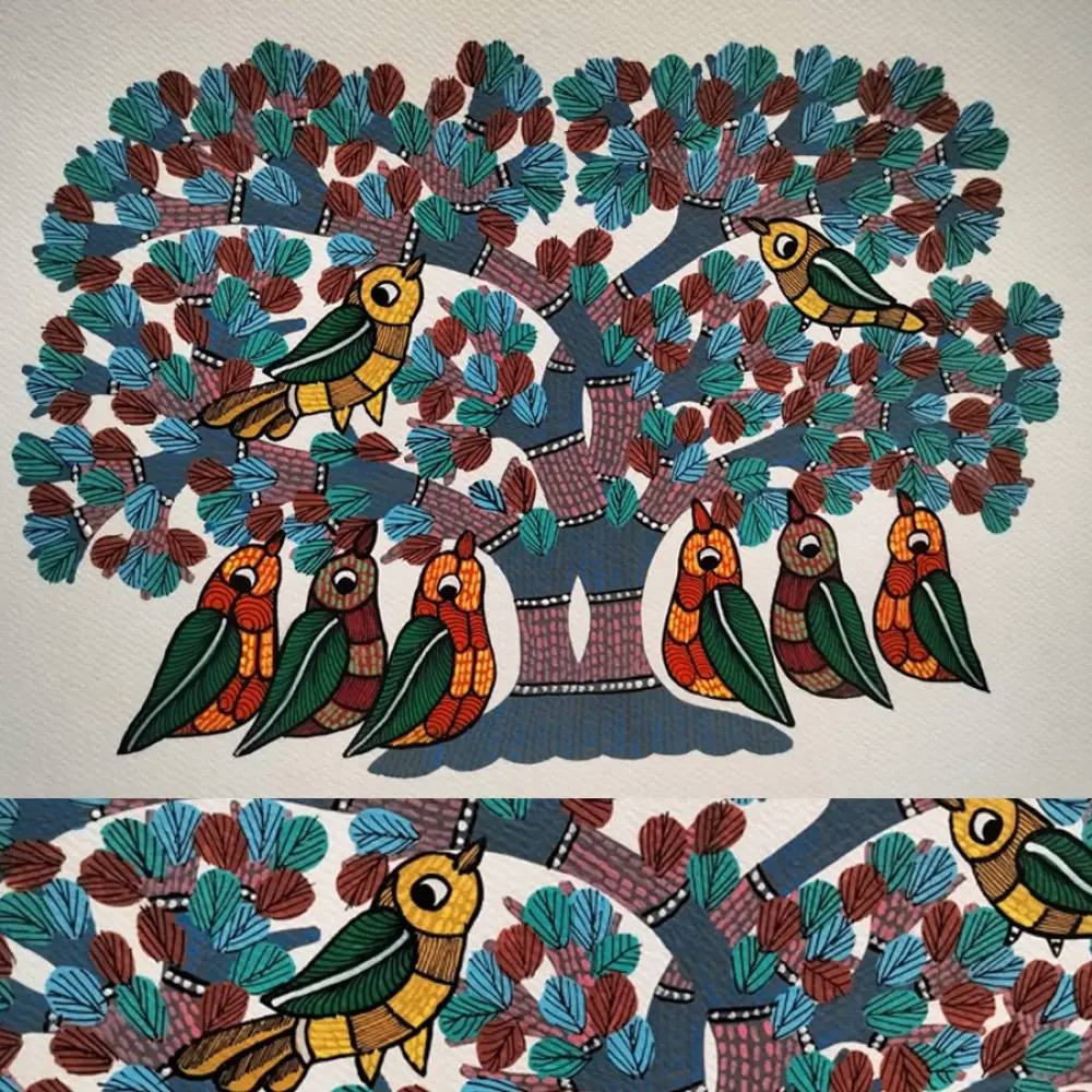 Hand Painted Gond Painting - Group of Birds