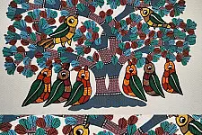 Nandan . नंदन ✦ Handcrafted ~ Gond Painting ( 12" x 16" ) - Group of Birds 