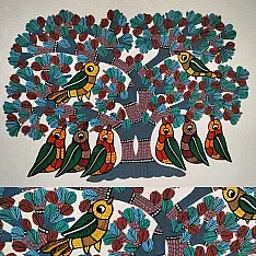 Nandan . नंदन ✦ Handcrafted ~ Gond Painting ( 12" x 16" ) - Group of Birds 