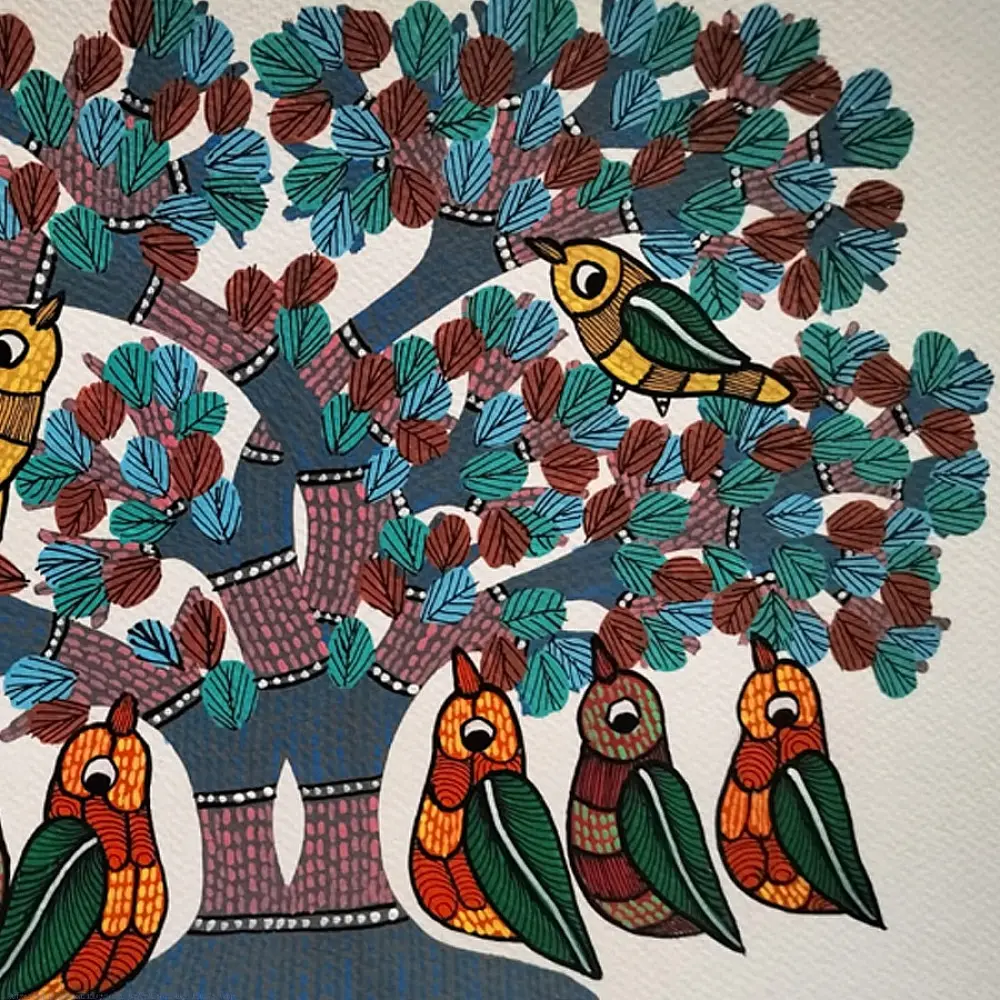 Hand Painted Gond Painting - Group of Birds