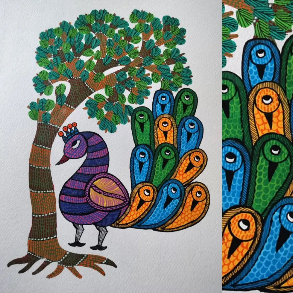 Hand Painted Gond Painting - Peacock 