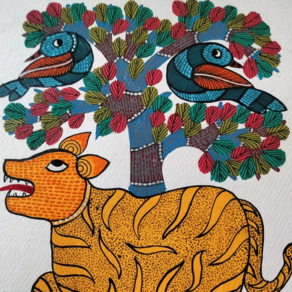 Hand Painted Gond Painting - Tiger