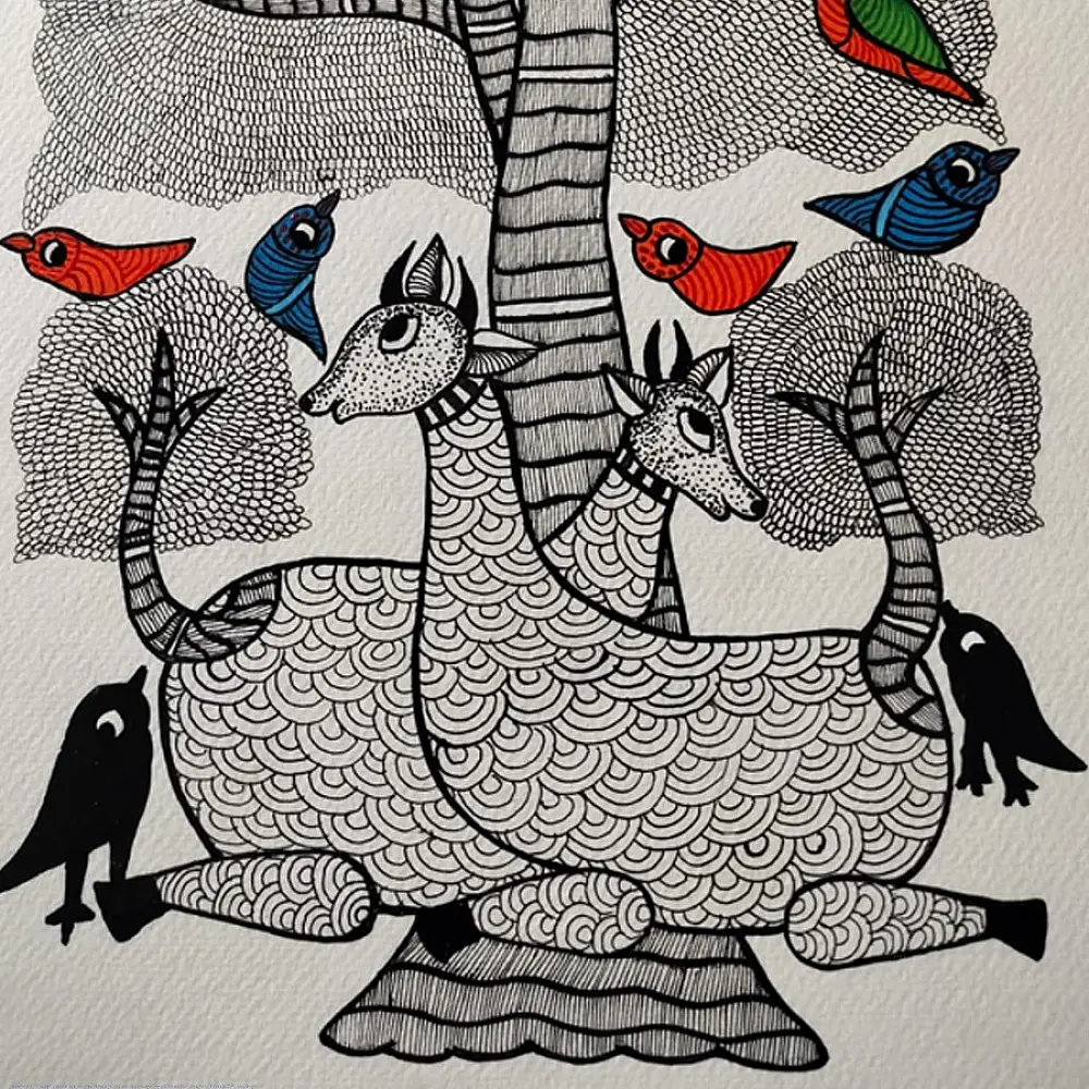 Hand Painted Gond Painting - Black & White Deer