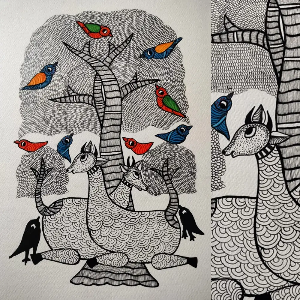 Hand Painted Gond Painting - Black & White Deer