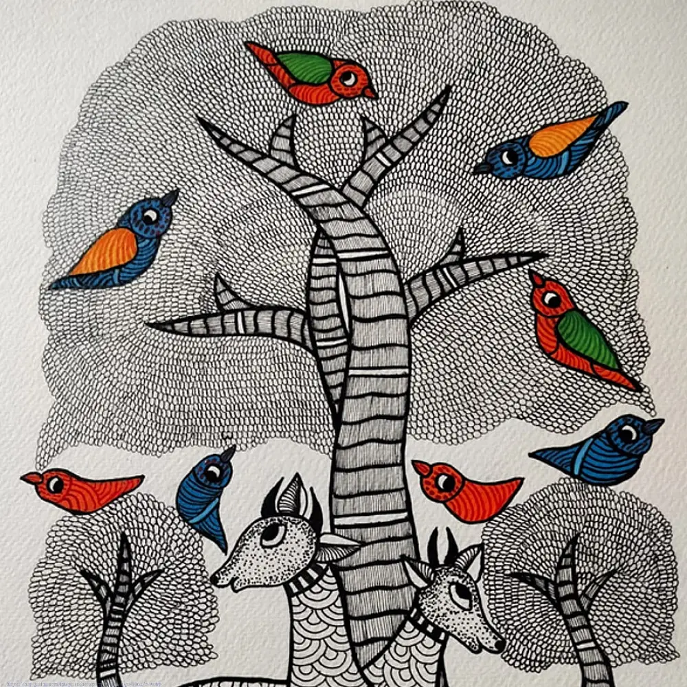Hand Painted Gond Painting - Black & White Deer
