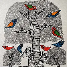 Nandan . नंदन ✦ Handcrafted ~ Gond Painting ( 12" x 16" ) - Black & White Deer
