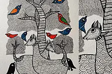 Nandan . नंदन ✦ Handcrafted ~ Gond Painting ( 12" x 16" ) - Black & White Deer