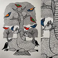 Nandan . नंदन ✦ Handcrafted ~ Gond Painting ( 12" x 16" ) - Black & White Deer