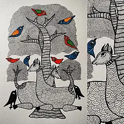 Nandan . नंदन ✦ Handcrafted ~ Gond Painting ( 12" x 16" ) - Black & White Deer