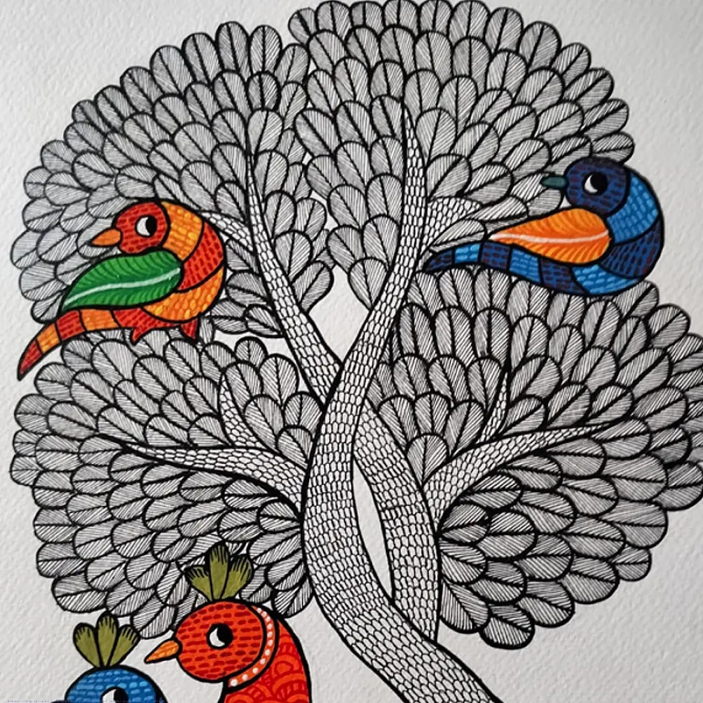 Hand Painted Gond Painting - Myna