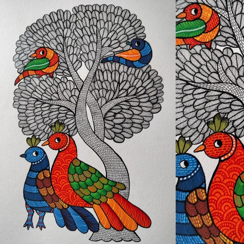 Hand Painted Gond Painting - Myna