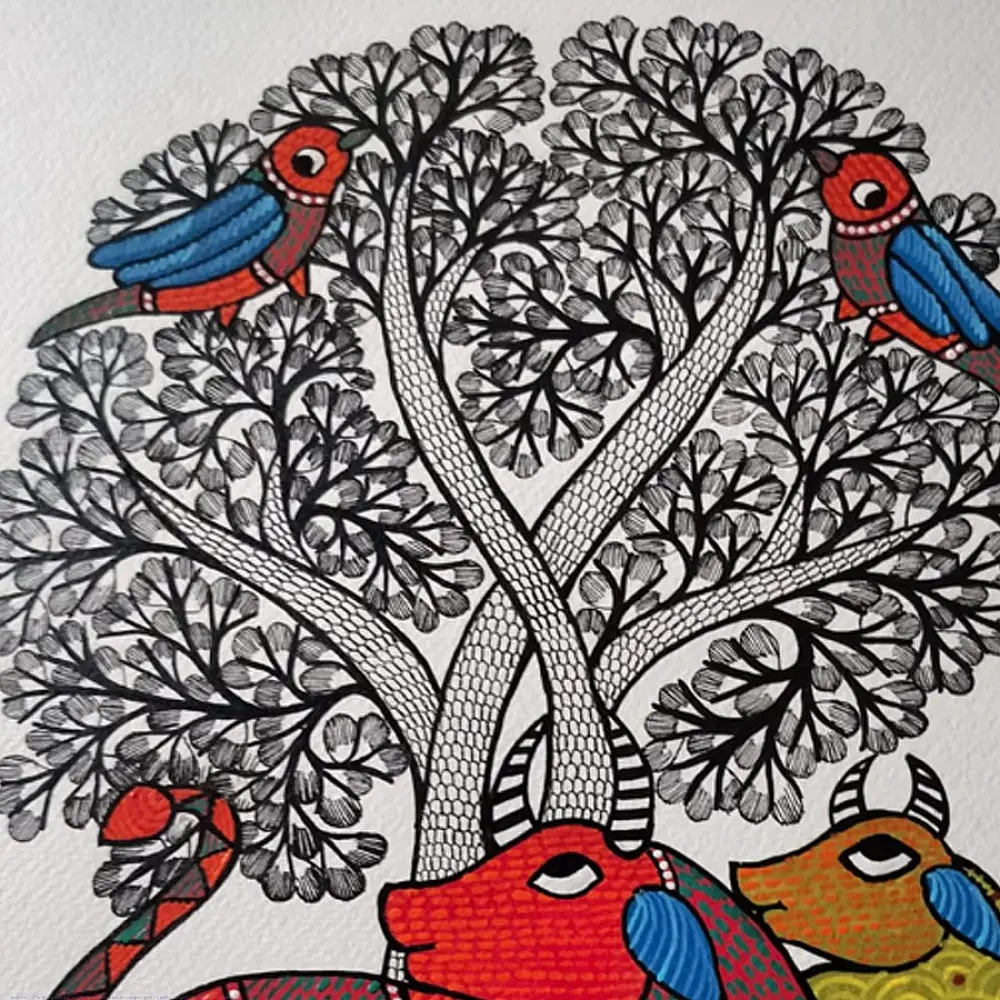 Hand Painted Gond Painting - Cow Under The Tree