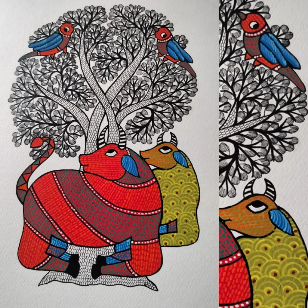 Hand Painted Gond Painting - Cow Under The Tree