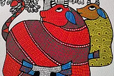 Nandan . नंदन ✦ Handcrafted ~ Gond Painting ( 12" x 16" ) - Cow Under The Tree