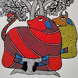 Nandan . नंदन ✦ Handcrafted ~ Gond Painting ( 12" x 16" ) - Cow Under The Tree