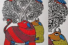 Nandan . नंदन ✦ Handcrafted ~ Gond Painting ( 12" x 16" ) - Cow Under The Tree